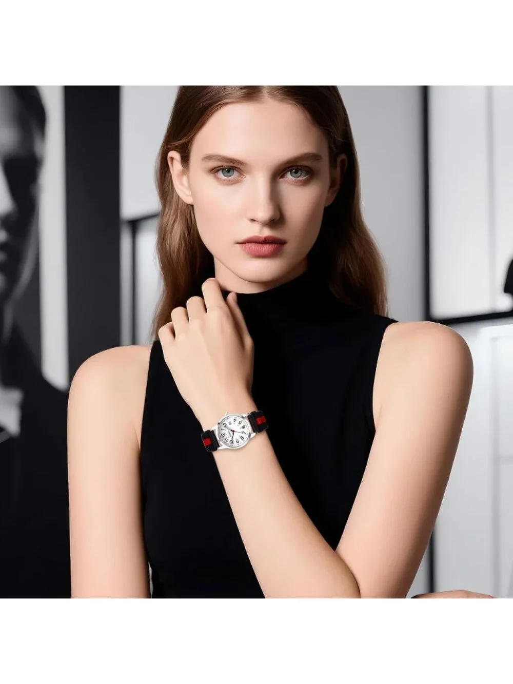 Women's White Red Quartz Analog Nylon Strap Elastic Band Date Wrist Watches
